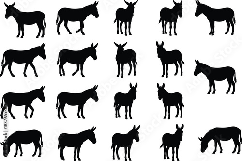 Vector Collection of Donkey Silhouettes Assortment of Eighteen Black Equine Figures in Various Poses for Farm, Animal, and Holiday Graphic Design Elements.