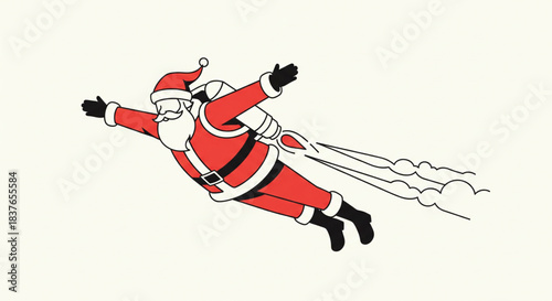 Santa Claus with a jetpack soaring through the sky, leaving a trail of smoke, celebrating Christmas