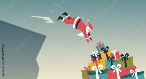 Santa Claus Plunges Over a Cliff Edge While Carrying a Stack of Christmas Presents