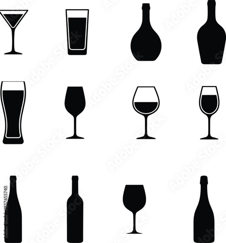 Vector Silhouettes of Drink Glasses and Liquor Bottles Set of Wine, Beer, Cocktail, and Champagne Glassware for Restaurant Menu Design, Bars, and Beverage Graphics.