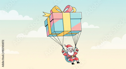Jolly Santa Claus makes a grand entrance, parachuting through the clouds to deliver a beautifully wrapped, oversized gift, symbolizing festive generosity and holiday joy