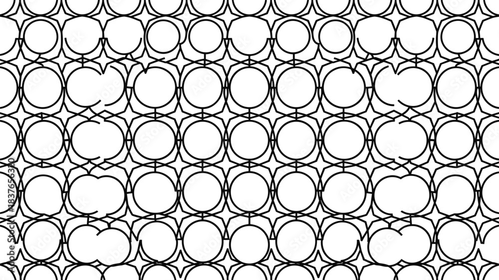 Fototapeta premium Abstract Geometric Fade Pattern Monochrome Repeating Design with Interlocking Circles and Stars Transitioning to Diamond Shapes for Modern Backgrounds and Wallpapers.
