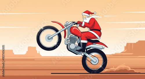 Santa Claus performing a wheelie on a dirt bike in a desert landscape