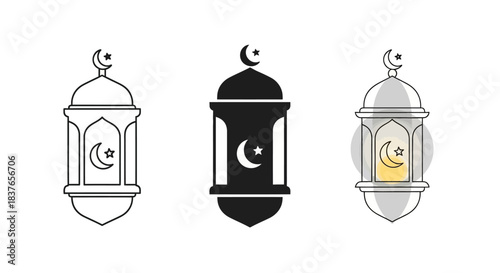 Traditional Islamic Lanterns with Crescent Moon and Star Icons for Ramadan and Eid Mubarak Celebrations, Symbolizing Light and Faith