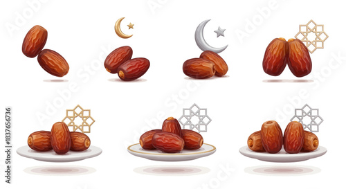 Delicious Dates Fruit Vector Illustrations with Traditional Islamic Symbols, Ideal for Ramadan, Iftar, and Festive Celebrations