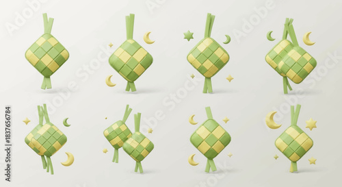 Ramadan Ketupat Icons with Crescent Moon and Star Decorations, Festive Eid Greetings