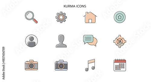 Modern minimalist line art icon set, featuring a diverse collection of essential user interface symbols for web and mobile applications with subtle color accents