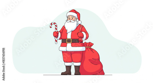 A cheerful Santa Claus with a candy cane and a large sack of presents, ready for Christmas deliveries, rendered in a clean, modern illustration style