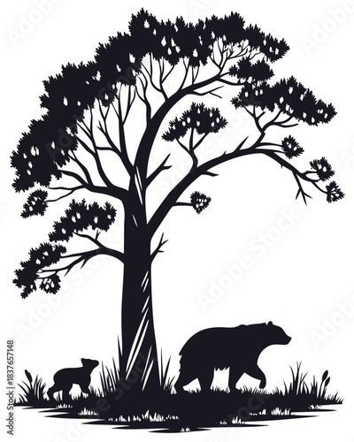 “Bear Family Silhouette with Cubs Climbing Tree in Forest Scene”