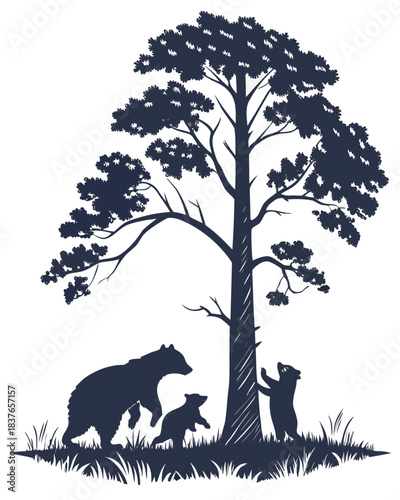 “Bear Family Silhouette with Cubs Climbing Tree in Forest Scene”