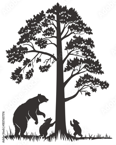 “Bear Family Silhouette with Cubs Climbing Tree in Forest Scene”