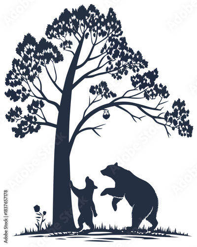 “Bear Family Silhouette with Cubs Climbing Tree in Forest Scene”