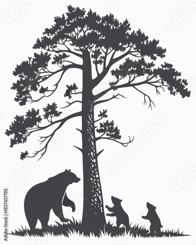 “Bear Family Silhouette with Cubs Climbing Tree in Forest Scene”
