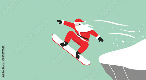 Santa Claus snowboarding down a snowy mountain cliff, demonstrating a festive winter sport with holiday spirit