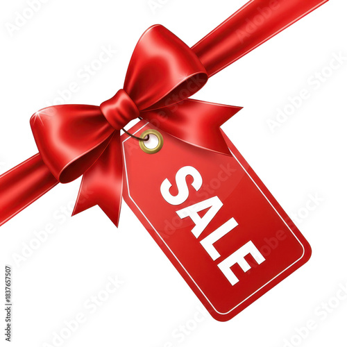 Red satin ribbon bow with sale tag isolated on transparent background