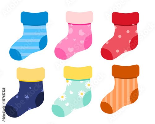 Set of colorful cartoon sock with various pattern. Blue, pink, red, dark blue, green and orange sock. Can be used for wallpaper, sticker, baby decoration