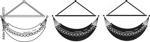Vector Outline and Silhouette Set of a Hanging Textile Hammock, Symbolizing Summer Vacation, Outdoor Leisure, Tropical Travel, and Relaxation