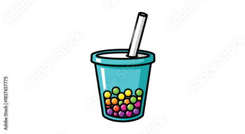 Colorful Bubble Tea Drink with Straw in a Blue Cup.