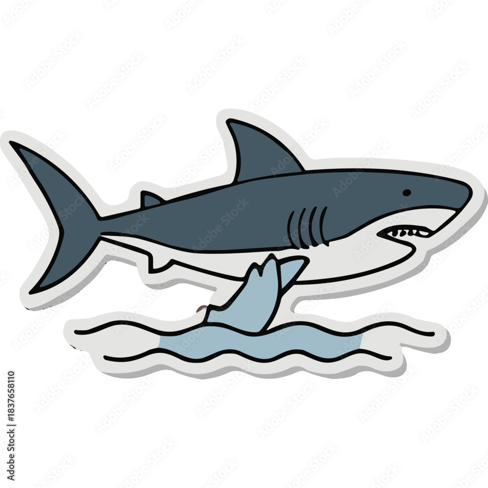 Fototapeta premium Stylized Great White Shark and Smaller Fish Illustration in Water With Clear Outline and White Background
