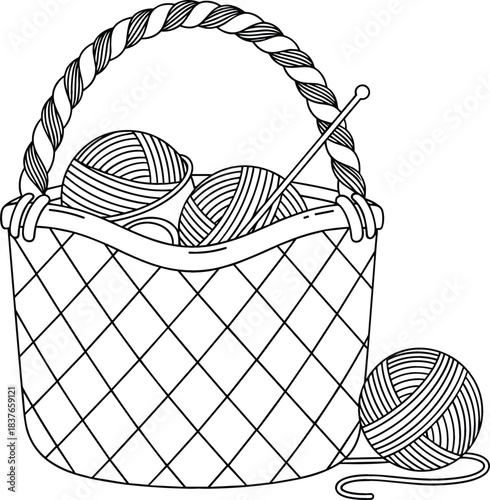Hand-Drawn Line Art Vector of Woven Basket Filled with Yarn Balls and Knitting Needles, Representing Craft Hobbies and Handmade Textile Projects