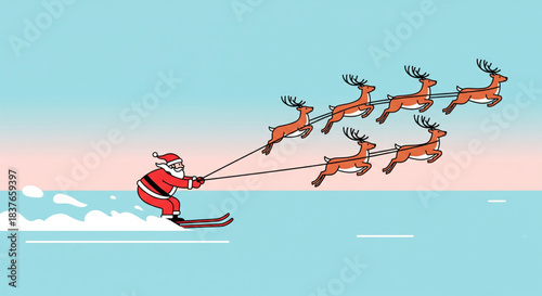 Santa Claus Skiing with Reindeer on a Snowy Winter Day with a Clear Sky