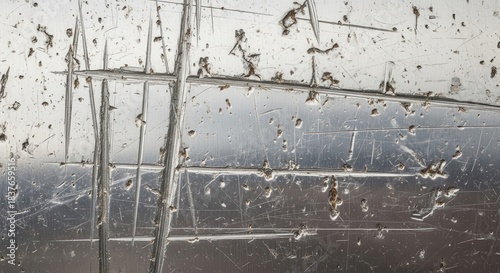 Heavily damaged metallic surface exhibits deep scratches and accumulated debris