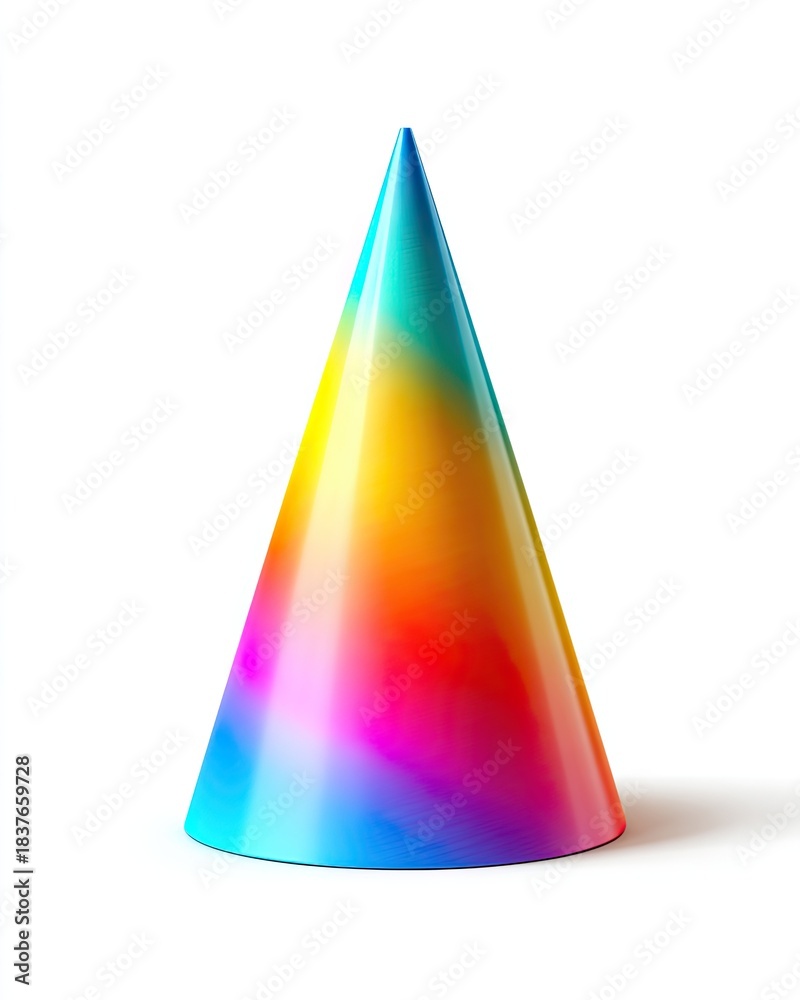 Fototapeta premium Vividly colored party hat, rainbow hues blending, isolated on a white backdrop