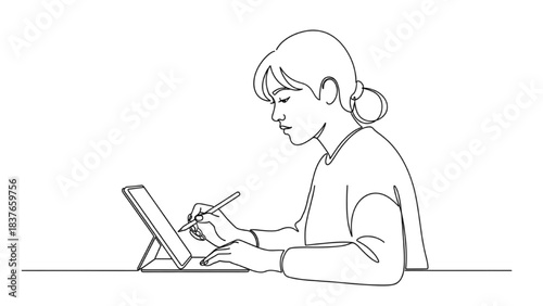 Black continuous line art of a remote digital designer using a tablet and stylus