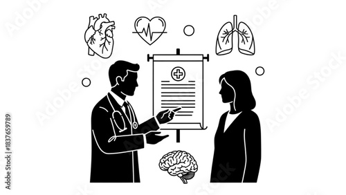 Black silhouette line art of a doctor explaining a medical chart with heart, lungs, and brain icons
