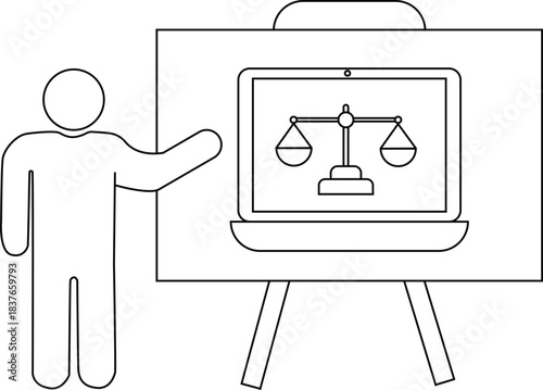 Figure pointing at a laptop on a stand displaying a scalesofjustice icon