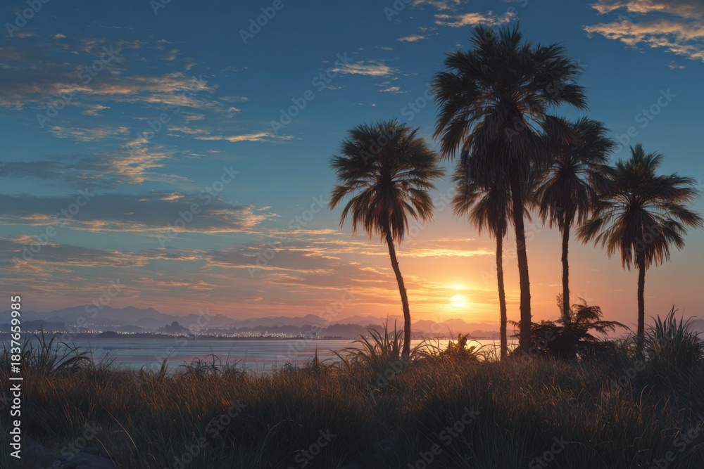 Obraz premium Stunning sunset over a tropical coast with palm trees silhouetted against the colorful sky