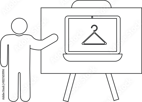 Image shows a person gesturing at a laptop with a hanger displayed on its screen set on a stand