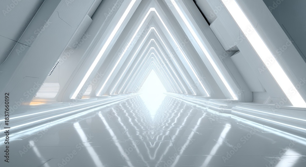 Obraz premium Futuristic corridor with triangular light frames leading to a bright source