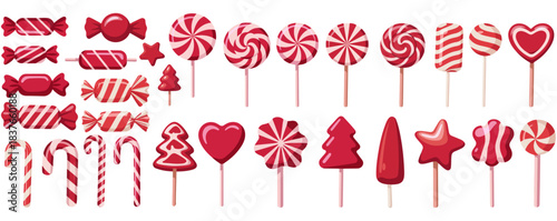 Christmas Candy Stock Vectors and Festive Sweet Treats Collection with Lollipops, Candy Canes, Wooden Props and Holiday Elements Isolated on White Background, Various Christmas Candys