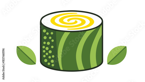 Single Sushi Roll With Yellow Swirl On Top And Green Seaweed Wrapper Decorated With Two Green Leaves On Black Background