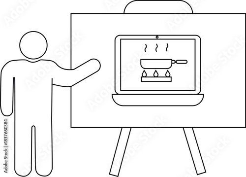 Person presents a screen showing cooking on a burner on a laptop set on a stand