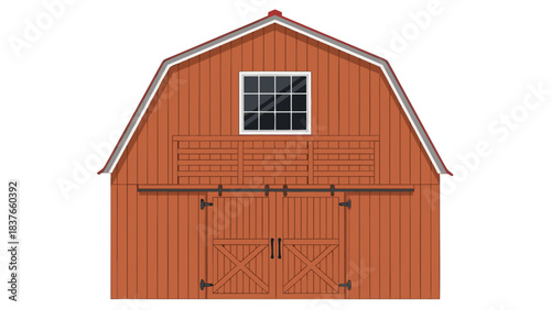 Rustic Red Barn Facade With Large Double Doors And A Window Under A Gambrel Roof With White Trim And Grey Shingles Isolated On Black