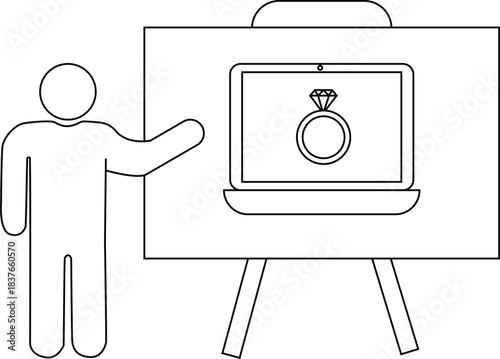 Stick figure presenting a whiteboard with a laptop displaying a diamond ring
