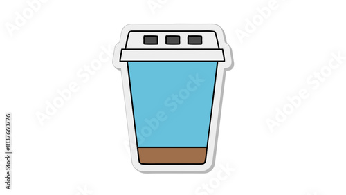 Simple Icon Graphic of a Light Blue Paper Coffee Cup with a Brown Base and a White Lid Featuring Three Small Square Vents on a Black Background