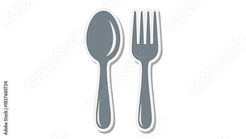 Simple Icon of a Gray Spoon and Fork Set on a Black Background with White Outline and Subtle Shadow Representing Dining Utensils and Meal Preparation