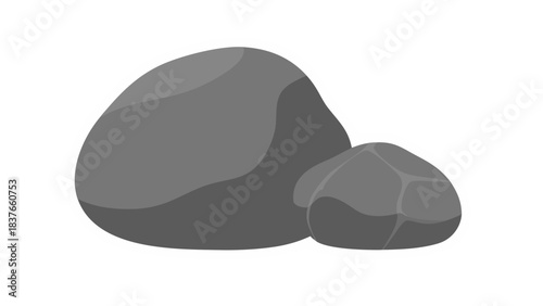 Simple illustration of two gray rocks with white outline on a black background representing natural elements and geology with smooth textures and defined shapes