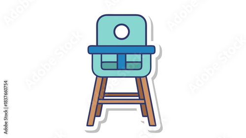 Simple Light Blue Baby High Chair With Blue Tray And Wooden Legs On A Transparent Background With A White Outline