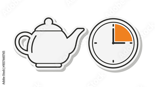 Simple Line Art Illustration of a White Teapot Next to a Clock Face with an Orange Segment Indicating a Time Period on a Black Background
