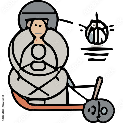 Stylized illustration of a person in a futuristic suit and helmet with cybernetic enhancements and a hovering drone with glowing lights against a black background