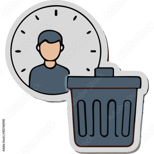 Stylized Illustration of a Person Silhouette Inside a Clock Face Next to a Trash Can Symbolizing Time Management or Deletion Concept on a White Background