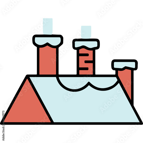 Stylized illustration of a snow-covered red roof with three chimneys emitting light blue smoke against a black background wintery scene