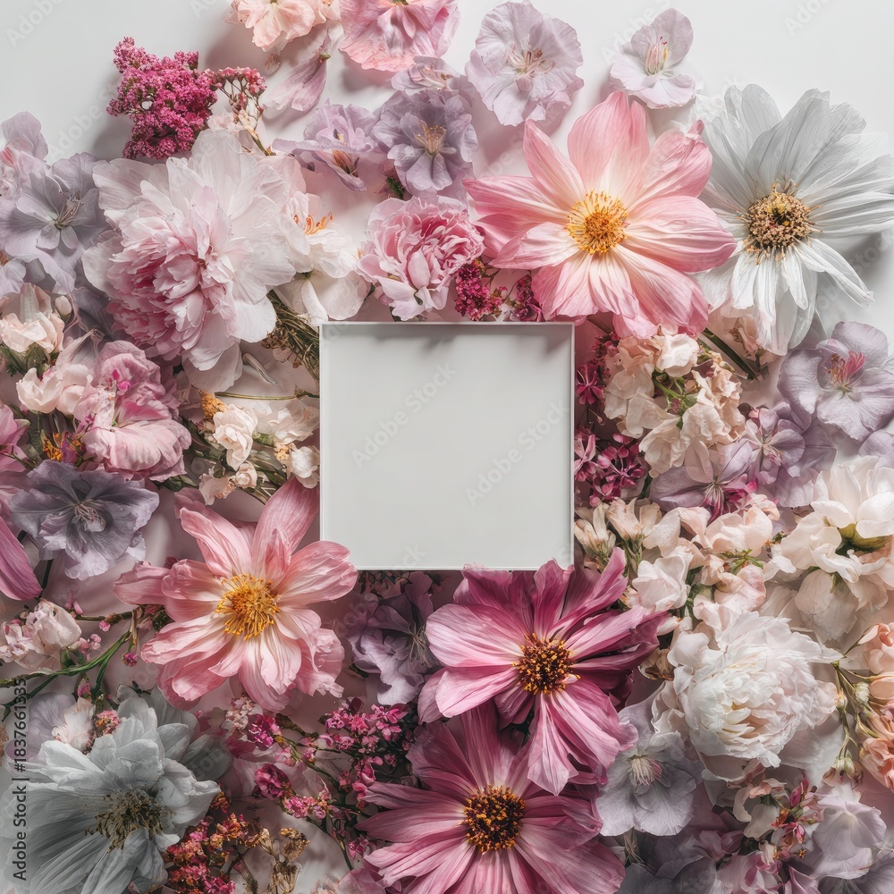 Obraz premium Floral frame square blank card surrounded by pink, lilac, and white blooms
