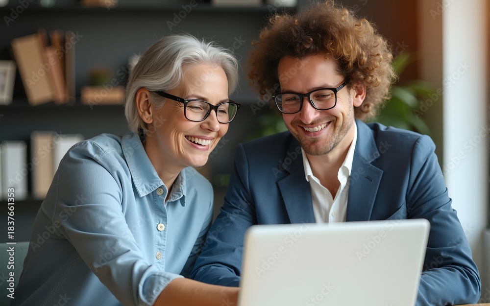 Fototapeta premium Two middle age business workers smiling happy and confident. Working together with smile on face using laptop at the office. High quality