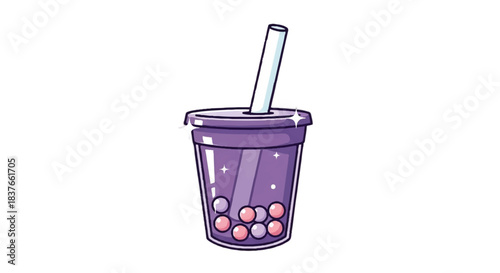 Purple Boba Tea Illustration with Straw and Tapioca Pearls.