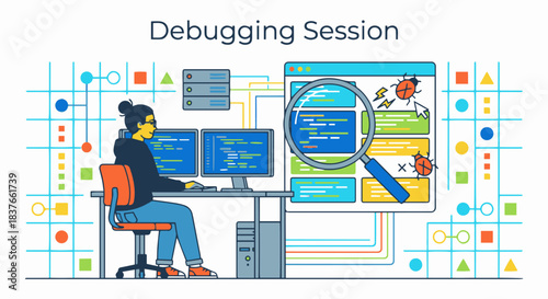 "Debugging Session"
Flat vector scene showing an engineer fixing bugs, magnifying glass over code blocks, red bug icons, structured grids in background, simple geometric shapes, bright and clean tech 
